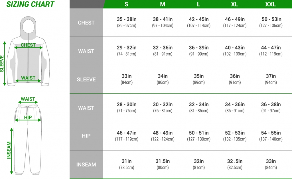 Rainwear size chart